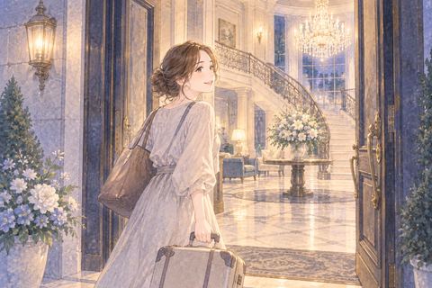 荷物を持って豪邸へ入る女性