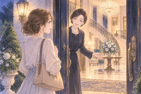 豪邸の玄関で迎えられる女性