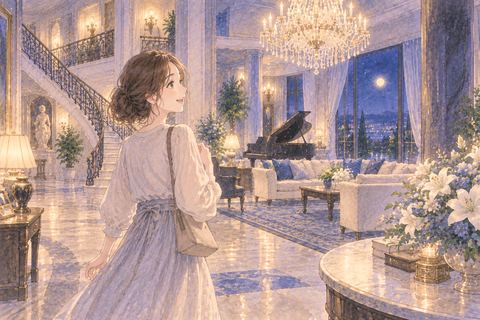 豪邸の中を興味深そうに見回す女性