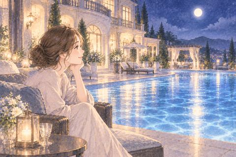 豪邸の澄んだプールを眺める女性