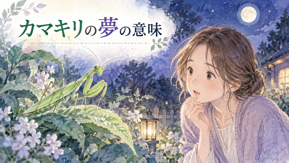夜の庭でカマキリを見つめる大人の女性