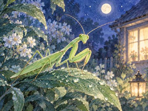 夜露の葉に静かにとまる緑のカマキリ