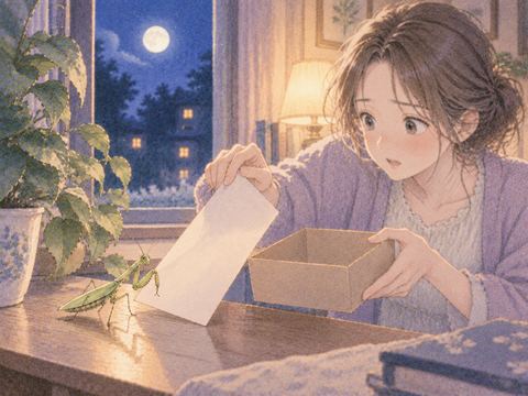 カマキリを遠ざけようとする女性の手元