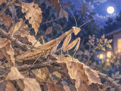 枯れ葉になじむ茶色のカマキリ