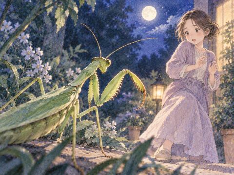 近づくカマキリから距離を取る女性