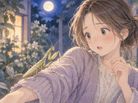 女性の服の袖にとまるカマキリ