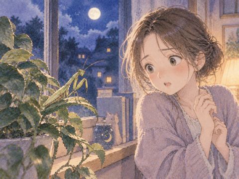夜の部屋の窓辺にいるカマキリ