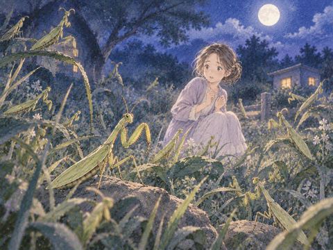 夜の草地に何匹ものカマキリがいる光景