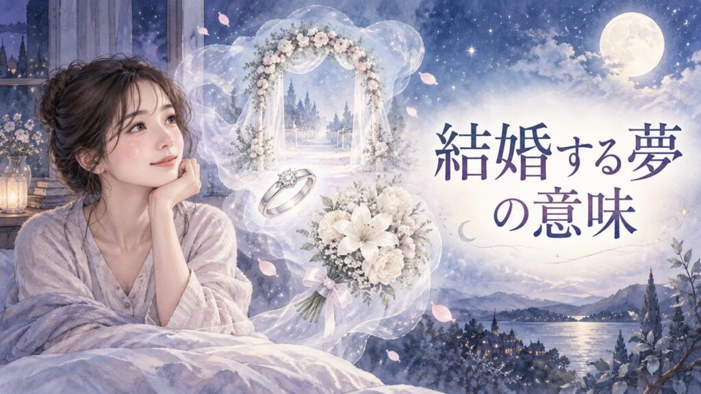 夜の窓辺で結婚式の夢を思い返す大人の女性と淡く浮かぶ指輪や花束