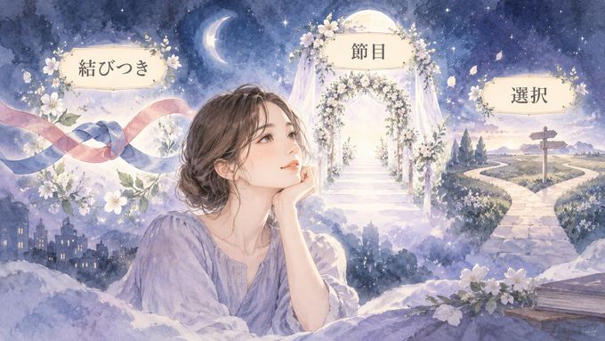 結婚式の光景と新しい道や結びつきを静かに見つめる女性の図