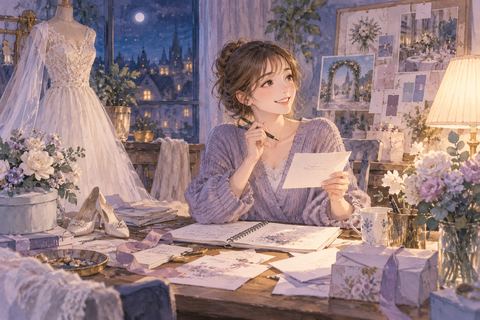 夜の部屋でドレスや招待状を準備する女性の夢