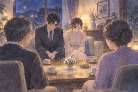 家族の前で緊張しながら結婚の挨拶をする二人の夢