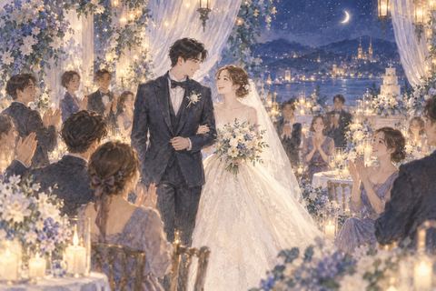 夜の披露宴で多くの人に祝福される新郎新婦の夢