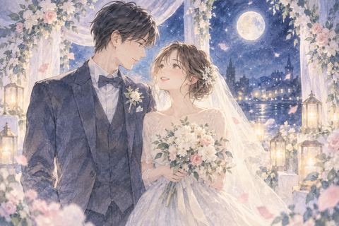 月明かりの結婚式で好きな人の隣に立ち嬉しそうに微笑む女性の夢