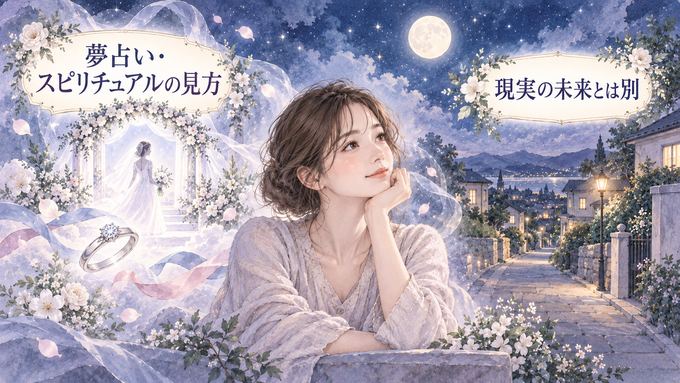 結婚の夢の象徴と現実の未来を別々に見つめる女性の図
