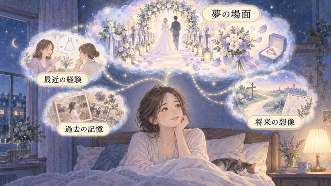 結婚式の夢と最近の出来事や過去の記憶が重なって見える女性の図