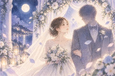 顔を知らない人物と月明かりの式場に立つ女性の夢