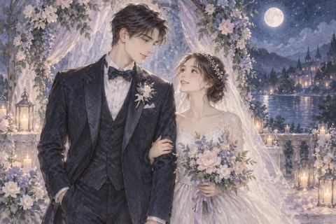 華やかな憧れの人物と夢の結婚式で並ぶ女性