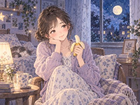 夜の部屋でバナナを持ち穏やかに座る女性