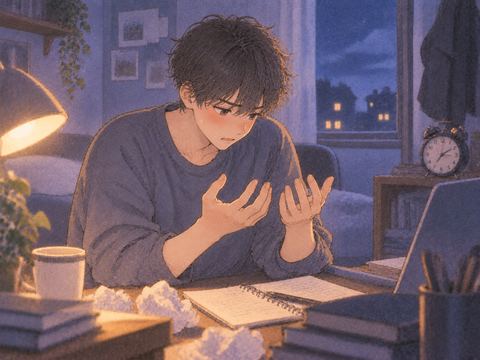 夜の部屋で汗ばんだ手を見る男性