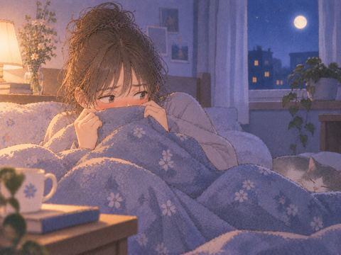 頬を赤らめ毛布で顔を隠す人物