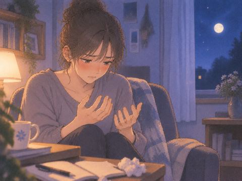 夜に自分の手を見つめ戸惑う人物