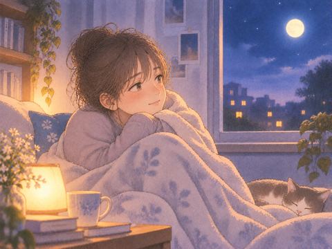 夜の部屋で毛布に包まり安心する人物