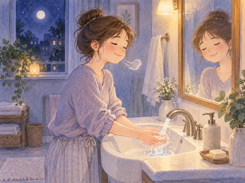 洗面台で手を洗いほっとする人物