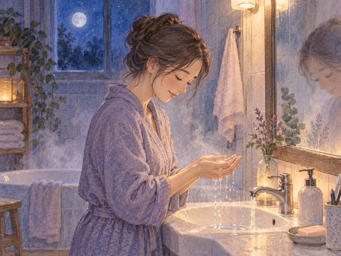 湯気のある浴室で濡れた手を見る人物