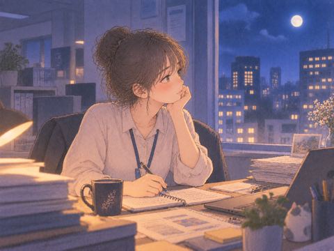 夜の職場で一人机に向かう人物