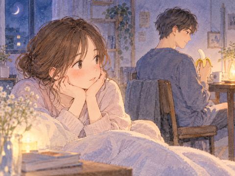 夜の室内で男性をそっと見つめる女性
