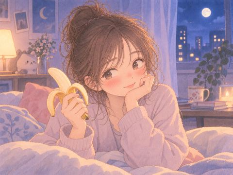 バナナを持ち頬を赤らめる女性