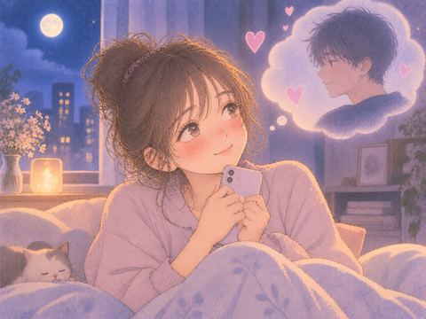 月夜に好きな人を思い浮かべる女性