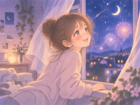 夜空の光に目を輝かせる女性