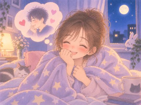 毛布に包まり夢を笑って受け止める女性