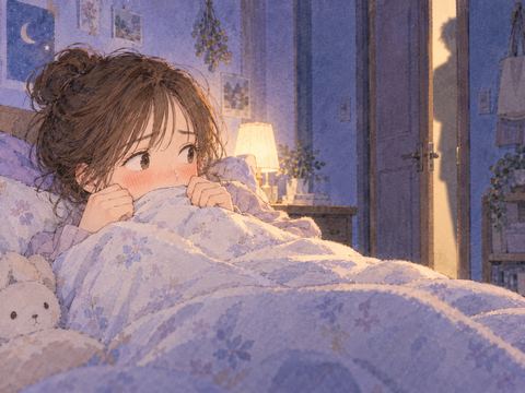 頬を赤らめ布団に隠れる女性と開いた扉