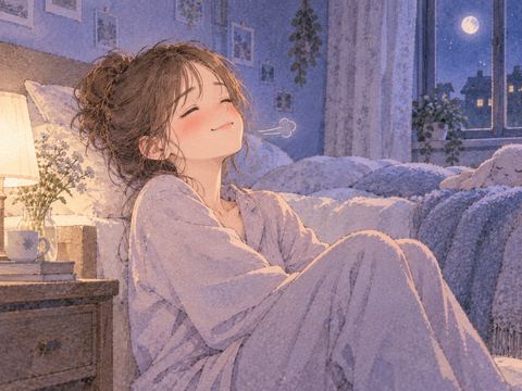 夜の部屋で安心した表情の女性