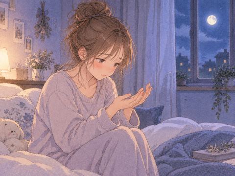 夜の部屋で空虚そうに手を見る女性