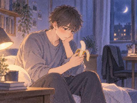 夜の部屋でバナナを持ち一人で座る男性