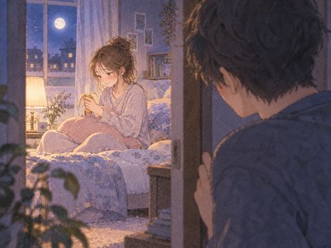 夜の室内で女性をそっと見つめる男性