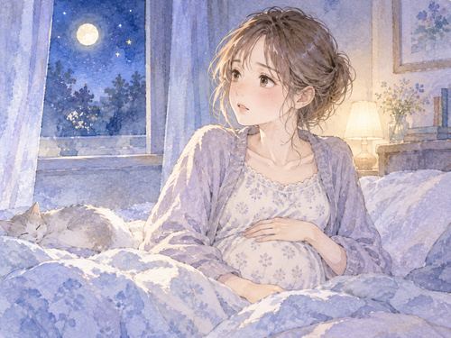 夜の寝室でお腹に手を添え不安そうに目覚めた妊娠中の女性