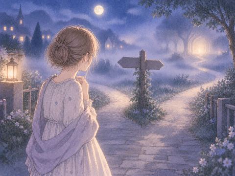 夜の分かれ道を前に立ち止まる不安そうな女性