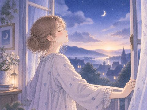 窓を開けて静かに息をつく女性