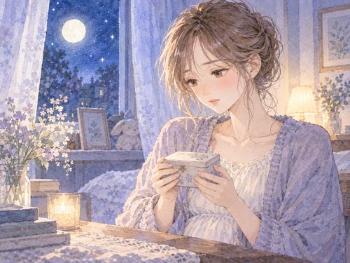 月明かりの部屋で小さな思い出の箱を見つめる女性