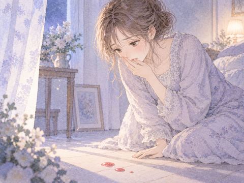 淡い赤色のしずくを見て戸惑う夢の中の女性