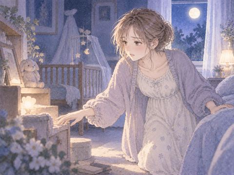淡い光を探して夜の部屋を歩く女性