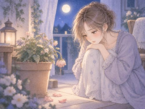 育てた鉢植えの散った花を静かに見つめる女性