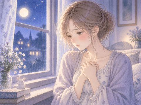 窓辺で静かに涙を流す女性