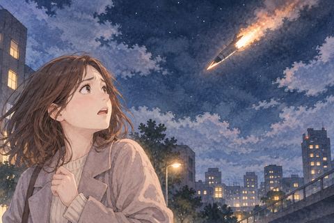 夜空から飛んでくるミサイルを見つめる女性