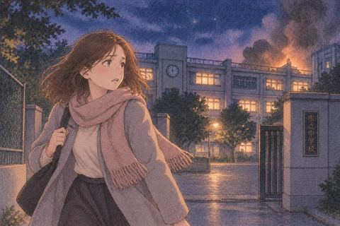 夜の学校から安全な場所へ離れる女性